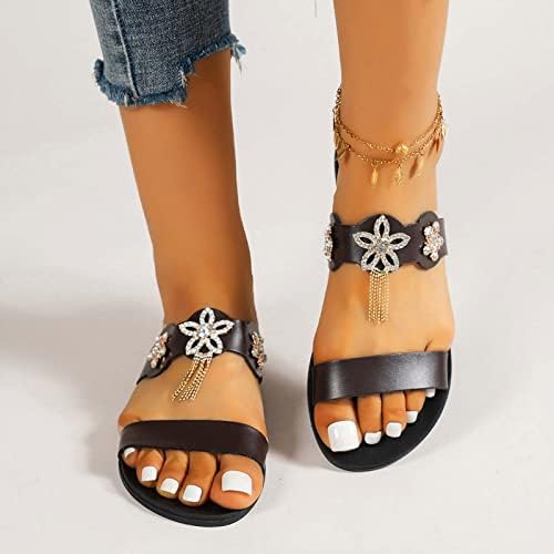 Xipcokm женски рамни влечки дами модни слајдови rhinestone flops двојно каишот на отворено сандали faux кожа летни чевли