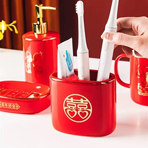 Лукио црвена двојка чаша за миење садови за миење садови за брак, поставени домаќинства керамички тоалет заби цилиндар чаша за четкање