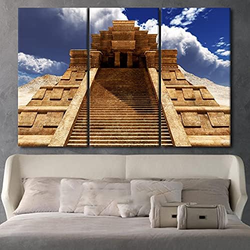 Wallидни слики за домашен декор Мајански пирамида слики Чичен Ица слики 3 парчиња отпечатоци на платно Ацтек урнатини wallидни уметности Антички