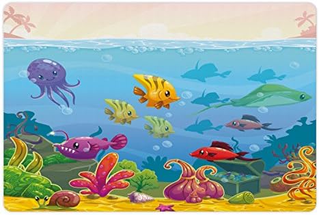 Лунарниот Аквариум Миленичиња Мат За Храна И Вода, Смешни Цртан Филм Стил Подводни Предели Со Различни Животни И Богатство Градите, Правоаголник