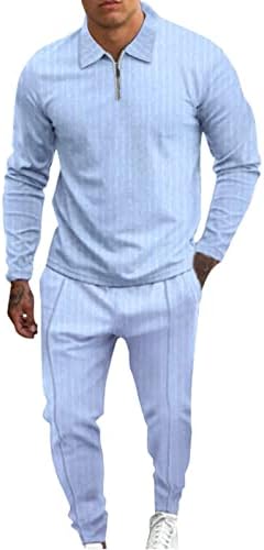 Машка лежерна лента со две парчиња сет патент јака блуза џебни панталони поставени модни пари за пари за мажи светло сина боја