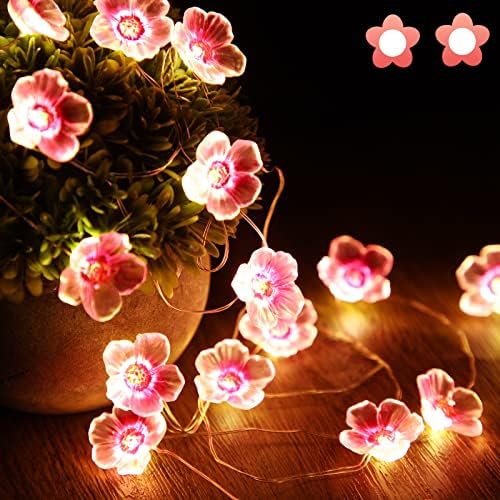 Цветни цвеќиња цветни жици за девојчиња, розови самовила светла 13 стапки 40 LED диоди USB и батерија управувани со декоративни жици