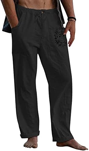 Менс џогирање панталони мажи облекуваат пантолони лабава обична цврста боја памучна постелнина еластична вратоврска печатена права панталони