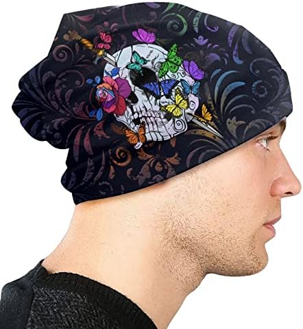 Цветен шеќер череп Бејн капа за возрасни череп капа топла слабиот плетен капа за глава за мажи за мажи жени