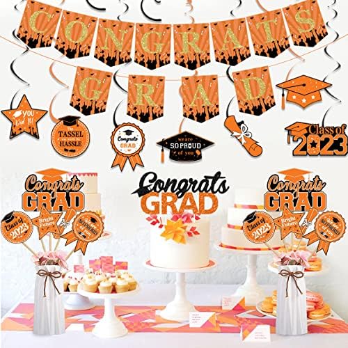 Декорации За дипломирање 2023 Портокалово Црно, Топер За Торта Со Банер Град, Висечки Вртлози За Дипломирање, Стапчиња Во Центарот, Балони
