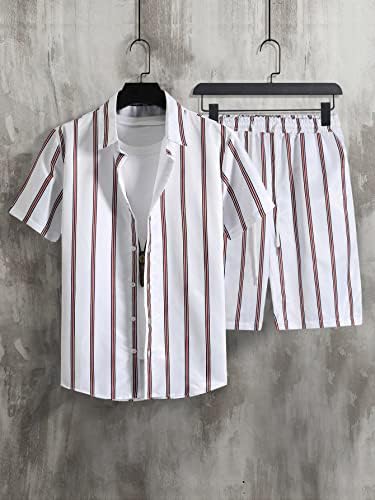 Фиокса облека со две парчиња за мажи мажи случајна вертикална шарена кошула и шорцеви од половината за влечење без мета