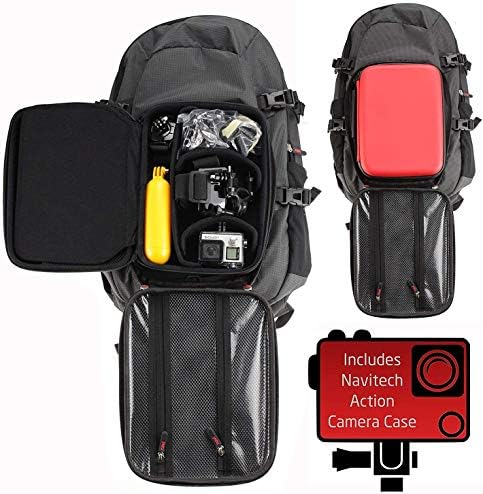 Ранец на ранец и црвена складирање на камерата Navitech со интегрирана лента за градите - компатибилен со акционата камера Gookam 4K