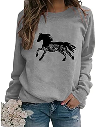 Врвови за печатење на животни за жени со долги ракави екипаж, гроздобер кошули кои трчаат коњи, смешна симпатична блуза за пулвер