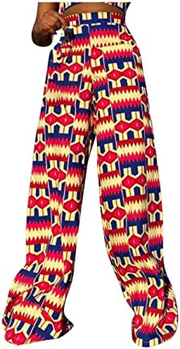 Womenените со високи половини со широки нозе панталони африкански традиционални шема печатени директно долги панталони обични лабави панталони