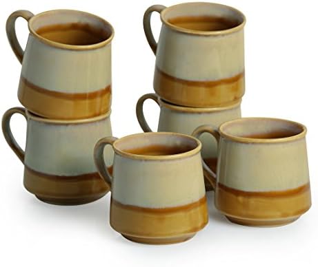 Ексклузивна Сребрена Златна Самрак Керамички Чаши За Чај | Бела &засилувач; Сенф Жолта, 210мл | Сет од 6 / Рачно насликани Чаши За Чај