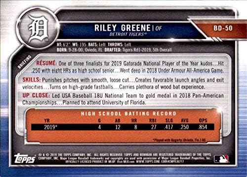 2019 Bowman Draft BD-50 Riley Greene RC RC Rackie Detroit Tigers MLB картичка за тргување со бејзбол