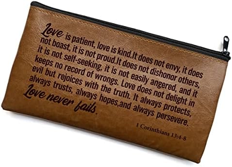 Инспиративен библиски стих подарок Loveубов е трпеливо молив случај со пенкало, врежана кожа молив торба гроздобер модерна писателска патент