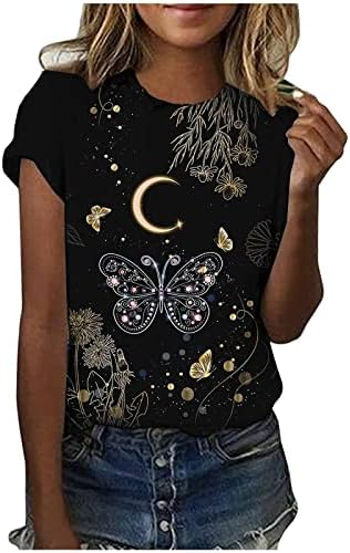 Летна маичка за печатење на пеперутка за печатење за жени за жени, модни кратки ракави врвови летни обични основни екипи на вратот на вратот