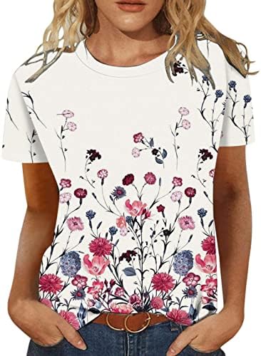 Модни обични врвови за жени со цветни печати маица екипаж на кратки ракави блузи 2023 летни кошули