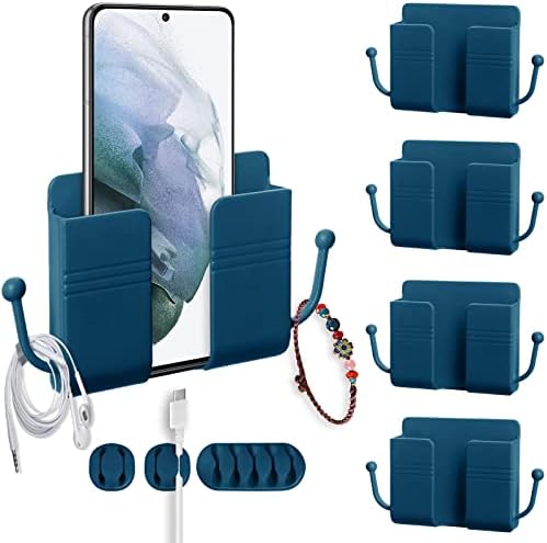 4 парчиња држач за wallиден телефон само-лепете далечински управувач кутија за складирање wallид монтирање со 3 кабелски клипови за
