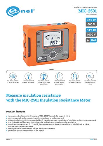 Sonel MIC-2501 МЕТЕР за отпорност на изолација MEGOHMTER 2500V 1000GΩ