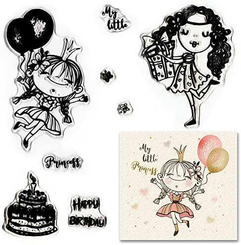 2 компјутери среќен роденден девојки чисти марки за правење картички, принцеза балон транспарентни гумени марки роденденски торта