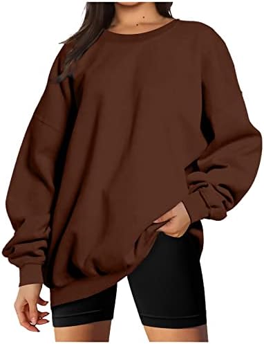 Џемпери за жени со екипаж на ракав за ракав Туника на врвови со цврста боја лесна лесна лабава џемпери пуловер