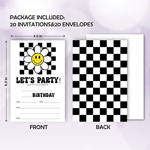 GrapeHiker 20 сетови Ретро Смајли лице Покани за роденденска забава на Дејзи со пликови, подготвени двострани печатени роденденски забави покани