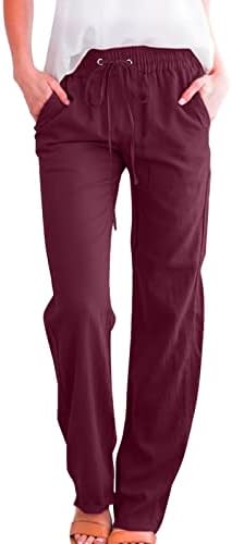 Постелни панталони Етија, широки нозе високи половината Еластична памучна постелнина панталони со џебови со џебови ситни панталони