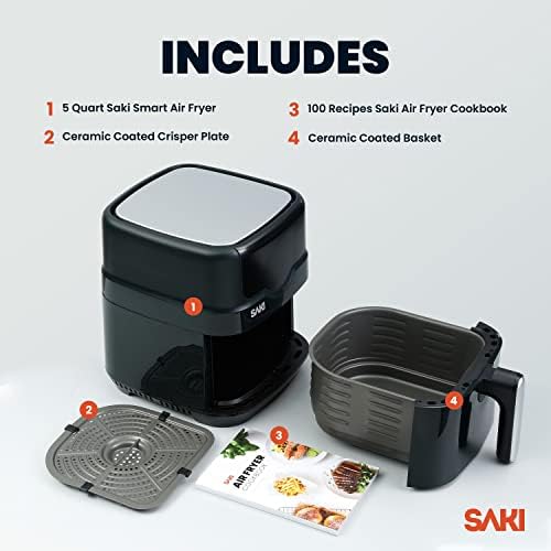 Saki Smart WiFi Air Fryer 5 Quart, Air Fryer, загревање, 7 функции за готвење, вклучени 100 рецепти и додатоци, HF-8350DT, црно