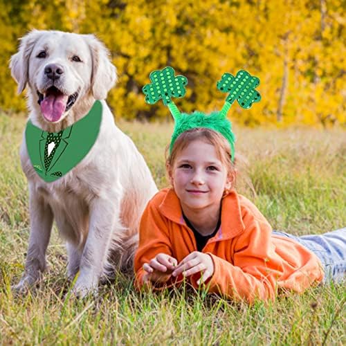 Костим за кучиња „Хакрахо Св. Патрик“, 2 парчиња зелена кучиња бандана и лента за глава, зелена шамска лента за глава и кучиња триаголник, шамија
