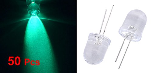 Uxcell 10 mm чиста цилиндер што емитува диода 2 пински зелена светлина LED светилка 50 парчиња