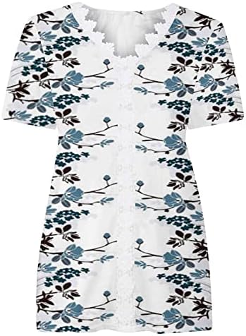 Женска Мода Пролет Лето Печатени Кратки Ракави Чипка Трим Блуза V - Вратот Обична Блуза Блузи