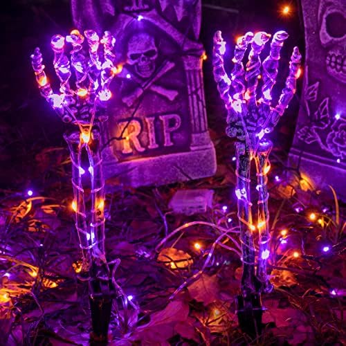 Ноќта на вештерките на отворено во дворот украси осветлени рачни рачни удели 8 режими на осветлување со 76 LED виолетова и портокалова светла