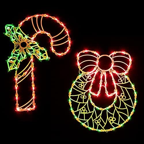 Божиќни прозорец силуета светла украси пакет од 2 осветлени венци и бонбони трска Божиќни прозорец светла со 100 светилки за празнични