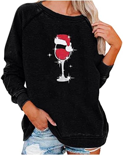 Narhbrg жени Божиќни врвови смешно вино за вино печатено маици со долги ракави пулвер обичен екипаж џемпер на удобно качулка врвот на врвот