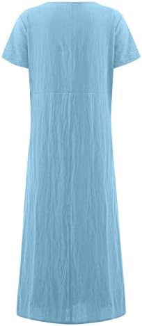 Фустани за жени, женска летна обична цврста боја со цврста боја со кратки ракави на вратот О-вратот за лабава џебна памучна постелнина