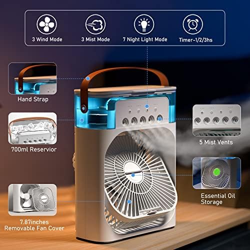 Преносни климатизери, мини ладилник за испарувачки воздух, 700ml испарувачки ладилник за воздух 3 брзини, USB личен климатик со 7 LED светло