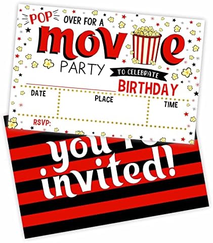 Покана за роденденска забава на филмот, покана за филмски забави （20 брои) со коверти, пополнете картички за покани за момчиња, девојчиња,