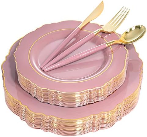 Нерв 100 ПАРЧИЊА Виолетови Розови Пластични Плочи Со Златен Раб-Виолетови И Златни Плочи за Еднократна Употреба Со Виолетова Рачка за Свадба
