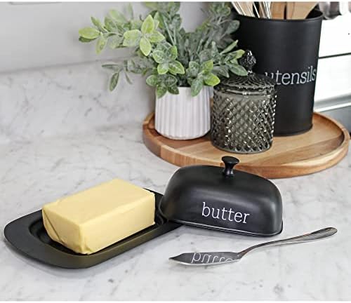Auldhome Enamelware Black Butter Booth, модерен сервер за путер во стил на фарма во стил на фарма со корица