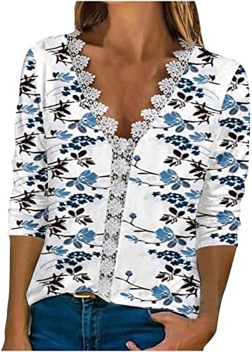 Женски цветни печати мода против чипка на вратот, секси исечена маичка со долги ракави, врвни женски врвови, блуза за кошула