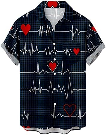 Машки кратки ракави целосна копче надолу по врвот ЕКГ печатење случајна кошула Loveубов срце срце отпечаток лабав вклопувачки кошули со