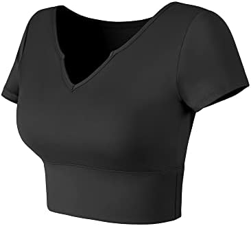 Hopените на Hopshape жени со кратки ракави со атлетски култури со врат од вратот, изградени во кошули со градник, црно