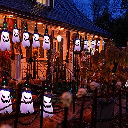 Декорации за Ноќта на вештерките на отворено осветлени виси 5 парчиња духови капи - 14,48 метри 30 LED страшни жици за светло за дворско дрво