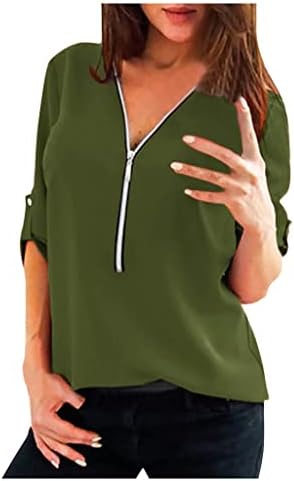 Women'sенски плус големина летни врвови 3/4 ракави цврсти кошули zip v вратот облечен случајна тунична блуза и врвни модни маици