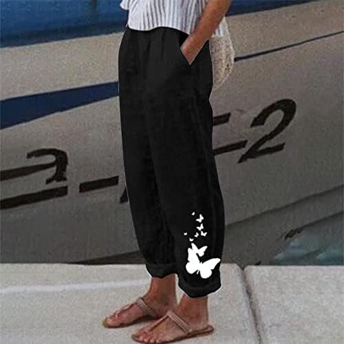 Женски Растегливи Палацо Панталони Со Широка Нога Пеперутка Печатење Памук Лен Обични Лабави Панталони Со Каприс На Глуждот Со Џебови