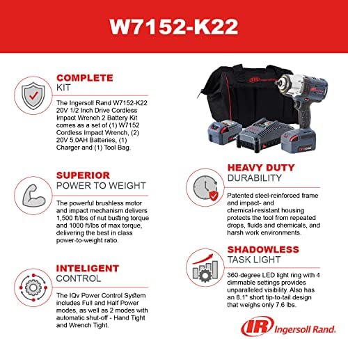 Ингерсол Ранд W7152-K22 20v 1/2 Диск Безжичен Ударен Клуч 2 Комплет За Батерии-Висок Вртежен Момент, Контрола на Моќноста на