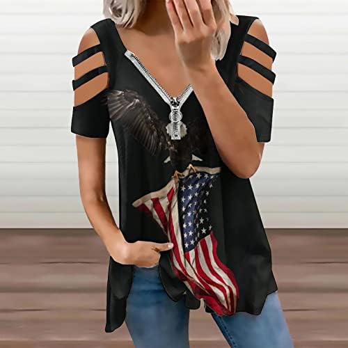 Американско Знаме Орел Женски Ладни Рамо Кошули Краток Ракав Печатење Маица Повик V Вратот Поштенски Блузи Блузи