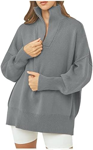 Женски џемпер за вратот со кукавици со висок врат џемпер со долги ракави патент рамо отворање џемпер врат