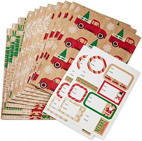 Белег За Рециклирање Крафт Божиќни Рамни Хартиени Листови за Завиткување Со Котлини На Обратни Рустикални Црвени Камиони, Бели Снегулки, Весели