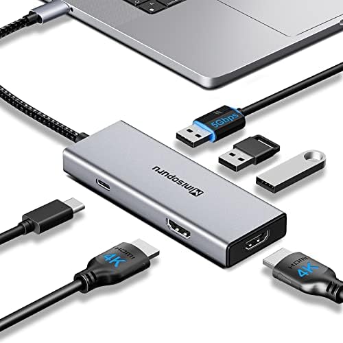 Minisopuru USB C Hub, 6-во-1 USB-C центар Двојна HDMI мултипорт адаптер за 2 монитори со 3USB, порта за полнење со PD, станица