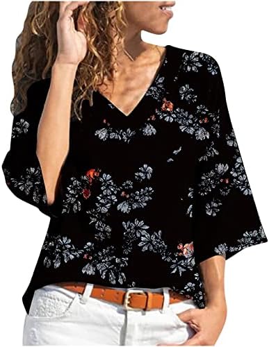 Врвна маица за девојки лето есен 3/4 ракав облека V вратот цветна графичка лабава вклопена опуштена вклопена секси капри врвен ко ко