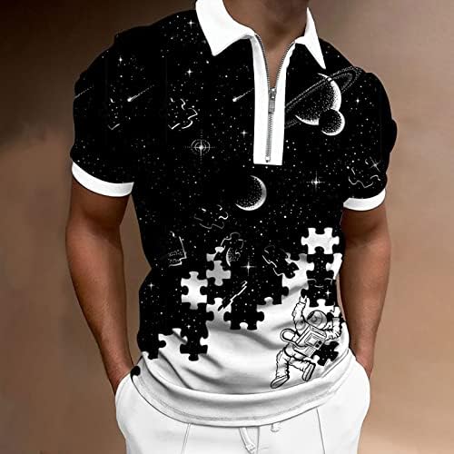 Менс летни поло маици обични кратки ракави за кратки ракави врвови патент вратот лабав вклопени 3Д отпечатоци голф поло -тонски