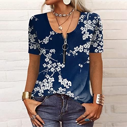 Женски плус големина по поштенски маици за кратки ракави врвови летни блузи цвеќиња со цветни печати удобна кошула за пулвер, туника